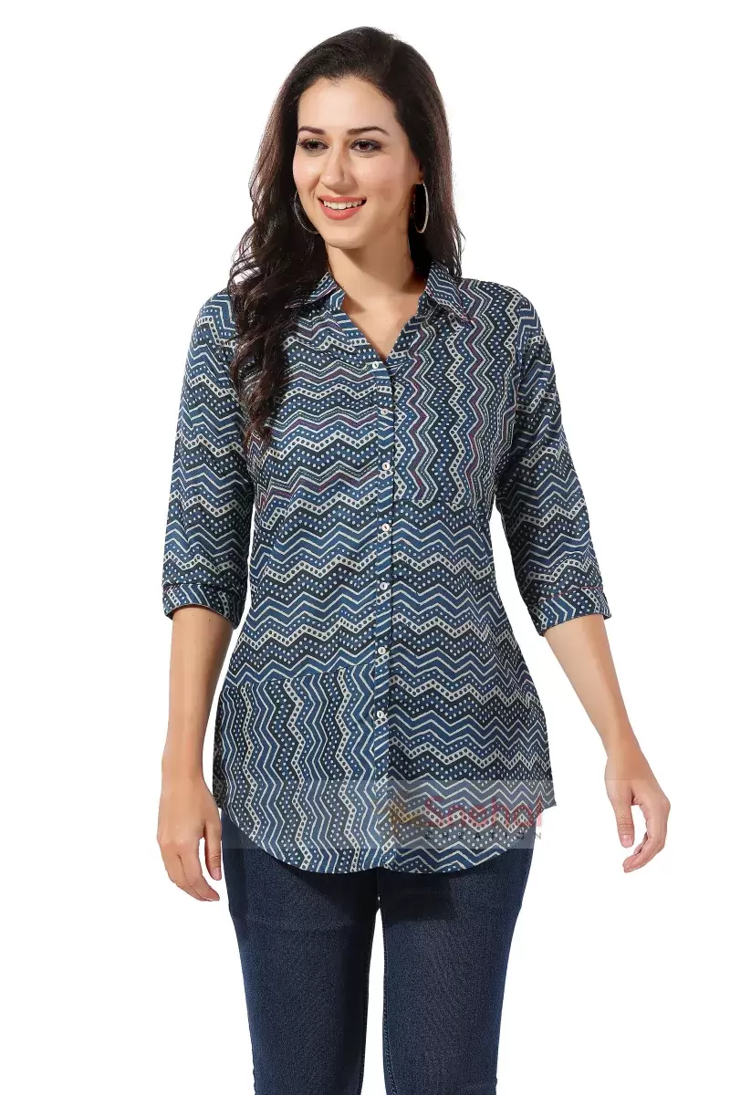 Designer Short Top Trendy Indigo Cotton Tunic with Zig Zag Print and Elegant Thread Detailing 100% Pure Short Kurti